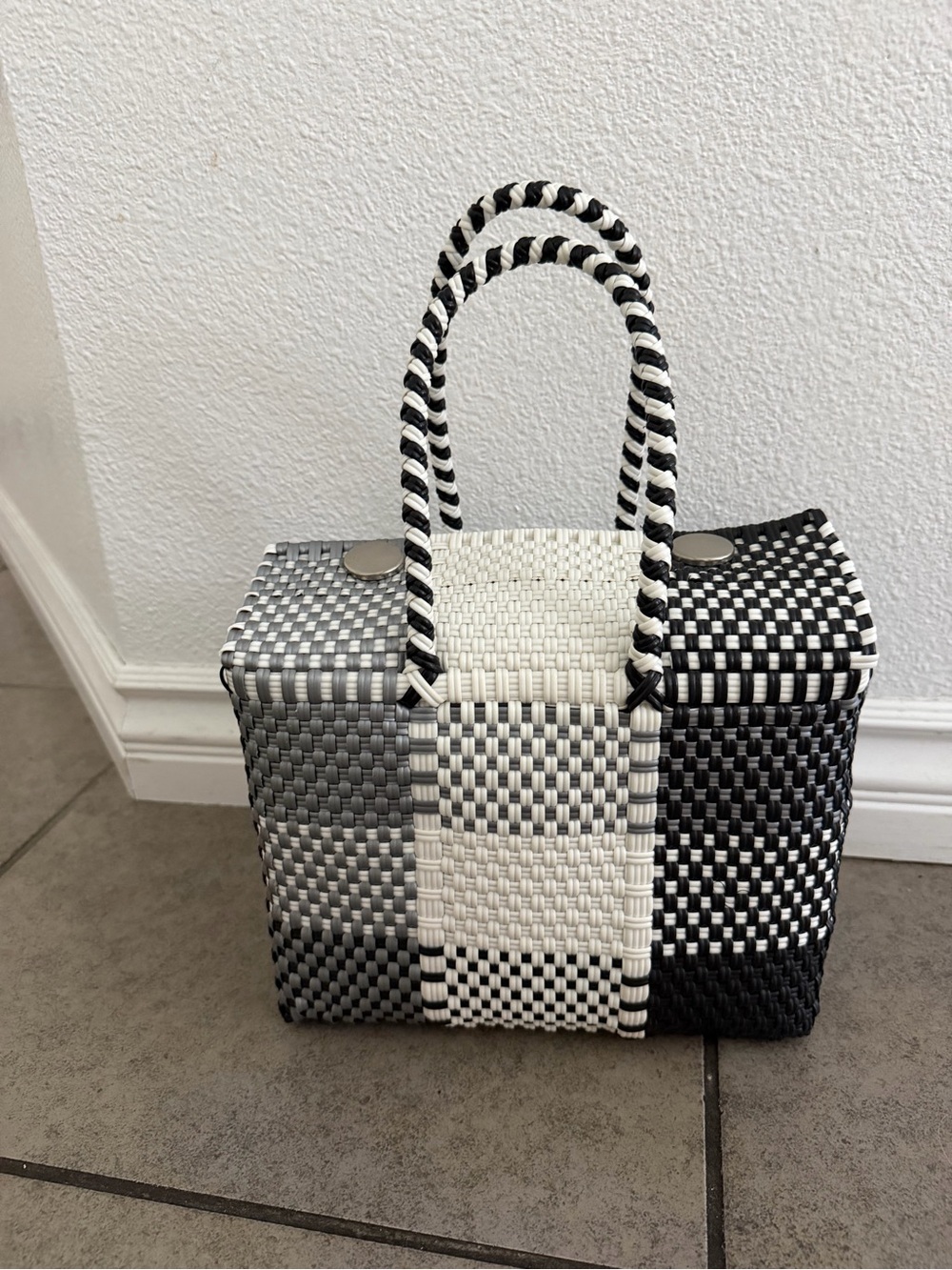 Woven Checker Tote Bag in Black, White & Gray